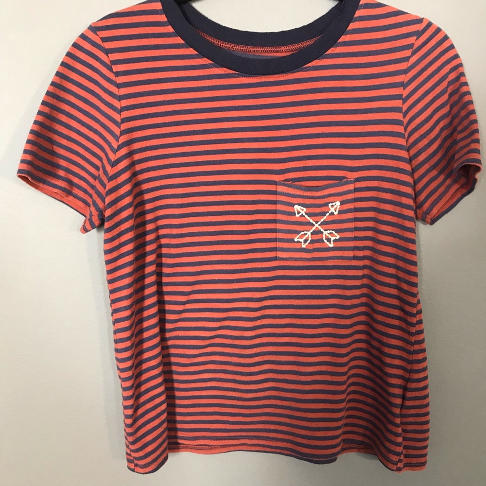 red and blue striped t-shirt